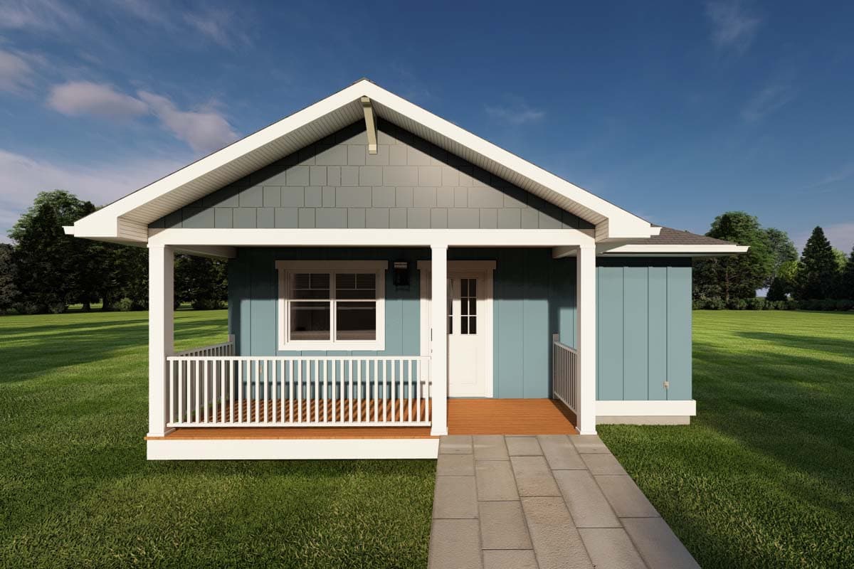 House plan exterior: one-story cottage with front porch, white railings, gable detail, and board-and-batten siding.