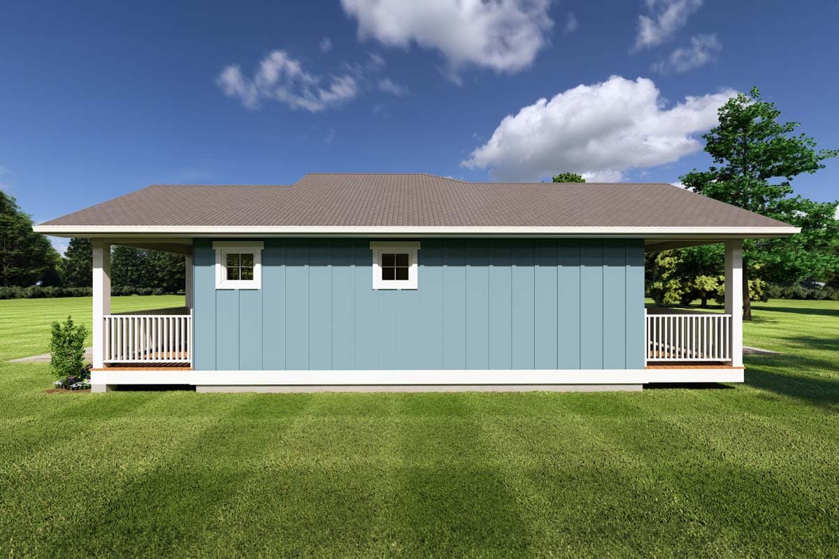House plan exterior: one-story Modern Farmhouse with a hipped roof, wide eaves, and wraparound porches.