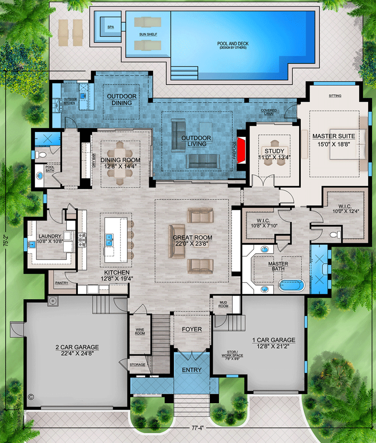 Plan 86145BW: Coastal Contemporary House Plan with Upstairs Rec Room and Balcony - 4783 Sq Ft - Floor Plan - Main Level - Coastal Contemporary, European, Florida-Style, Transitional