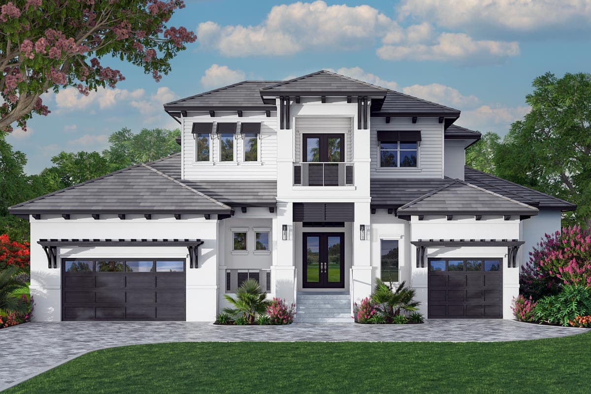 House plan exterior. Two-story home with a hip roof, two-car garage, front-facing balcony, and window awnings. Features a modern design.