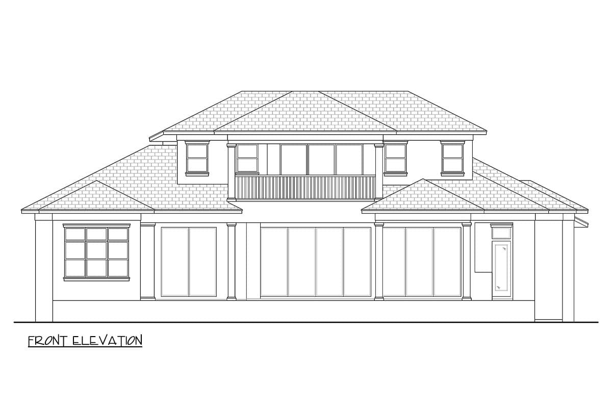 Front elevation drawing of a two-story house with a balcony, large windows, and a tiled hip roof.