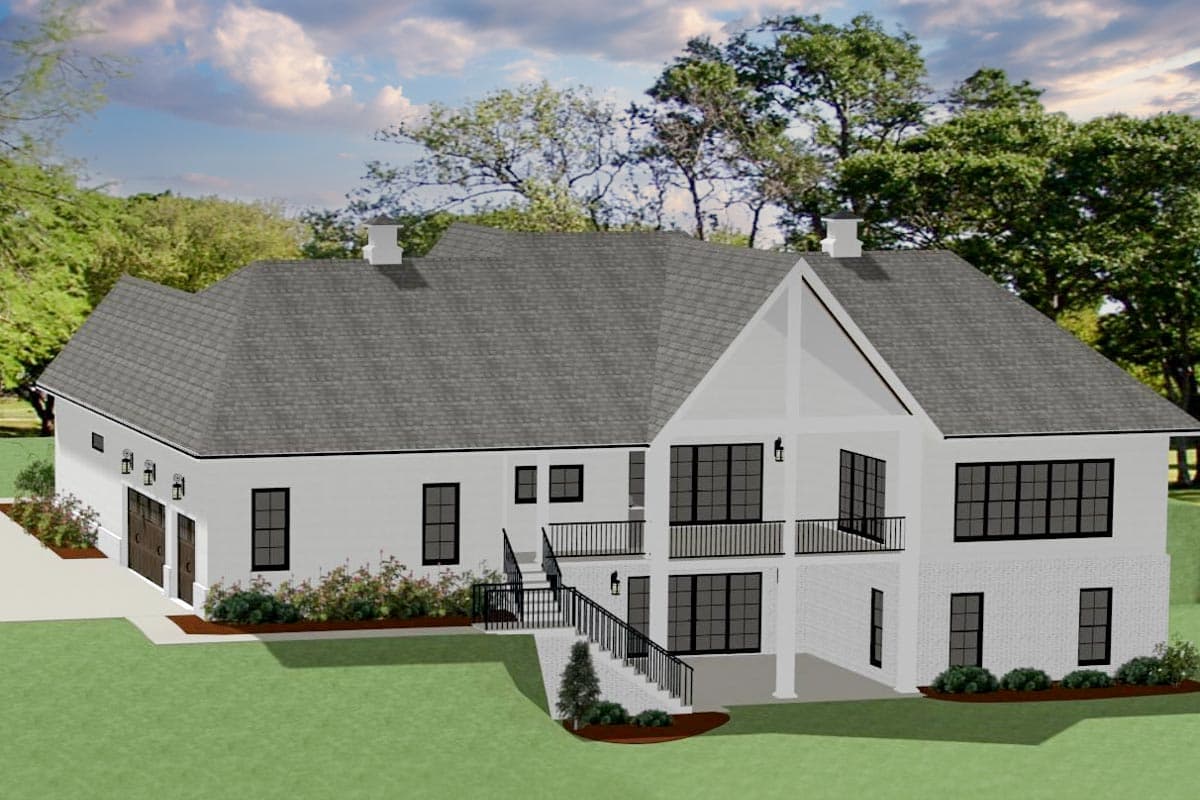 House plan exterior with a side-entry garage, gabled dormers, multi-level balconies, and numerous large windows.