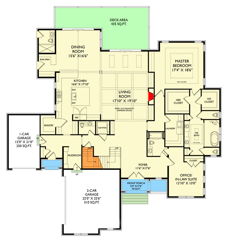 Plan 29930LDG: Transitional House Plan with 2-Story Living and 2 Laundry Rooms - 5215 Sq Ft - Floor Plan - Main Level - New American, Transitional