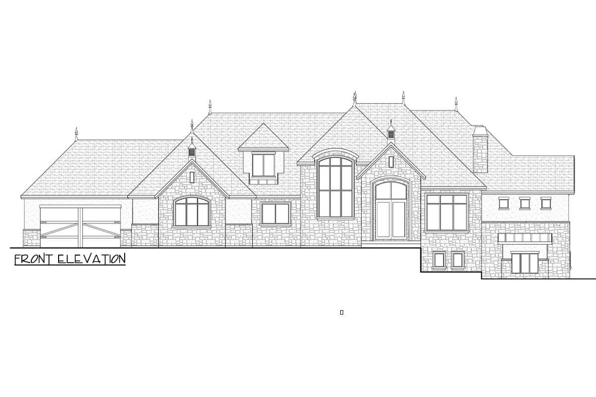 Front elevation house plan with stone facade, multiple gables, dormers, and a side-entry garage.