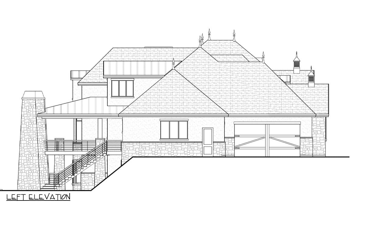 Left elevation drawing of a house plan with a stone chimney, covered porch, and multi-level rooflines.