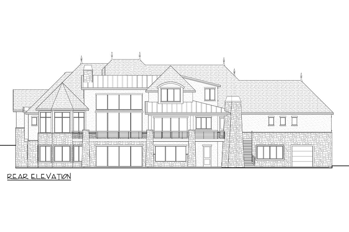 Rear elevation house plan: multi-story structure with stone accents, multiple gables, dormers, and a prominent chimney.