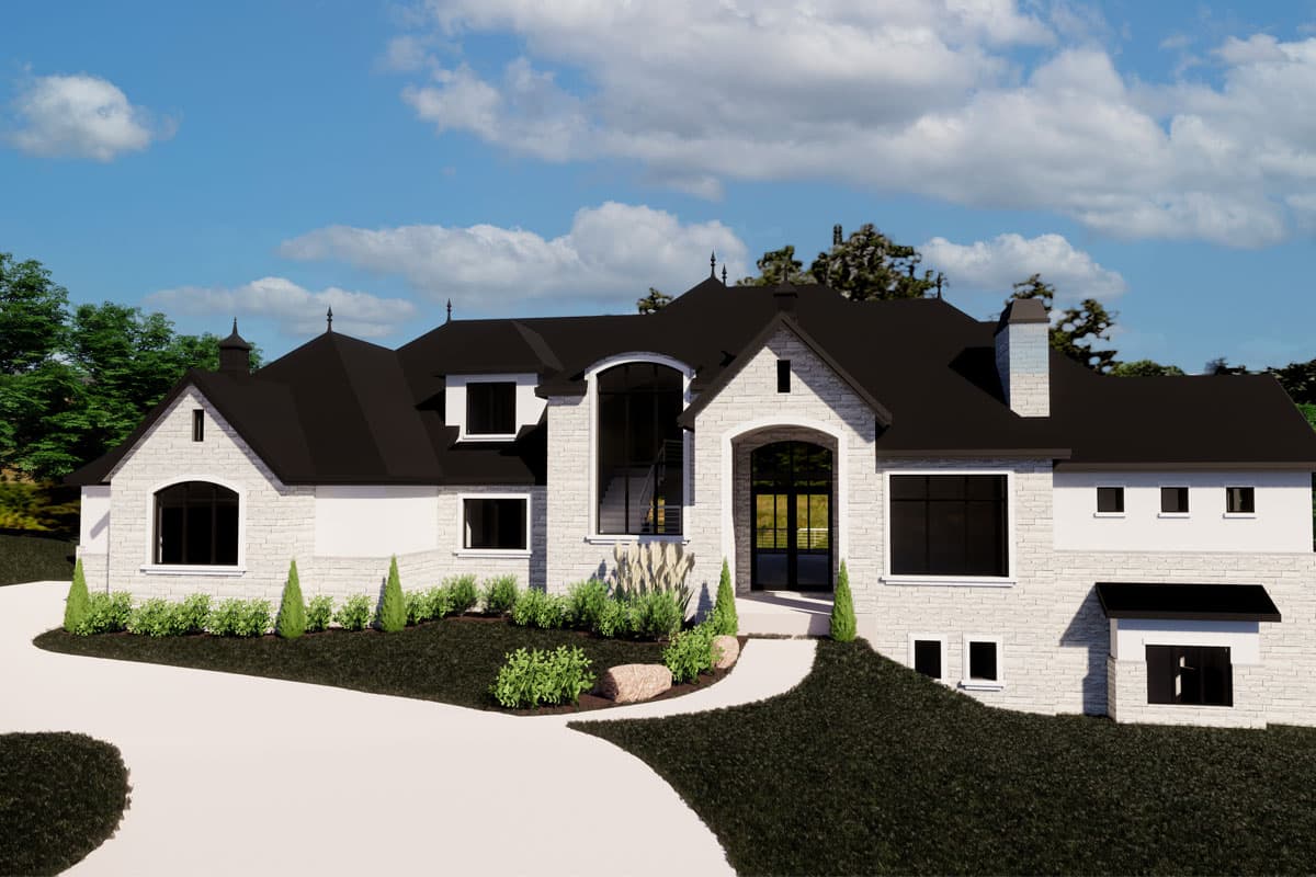 House plan exterior. Two-story home with a black roof, stone facade, arched entry, and multiple gables.