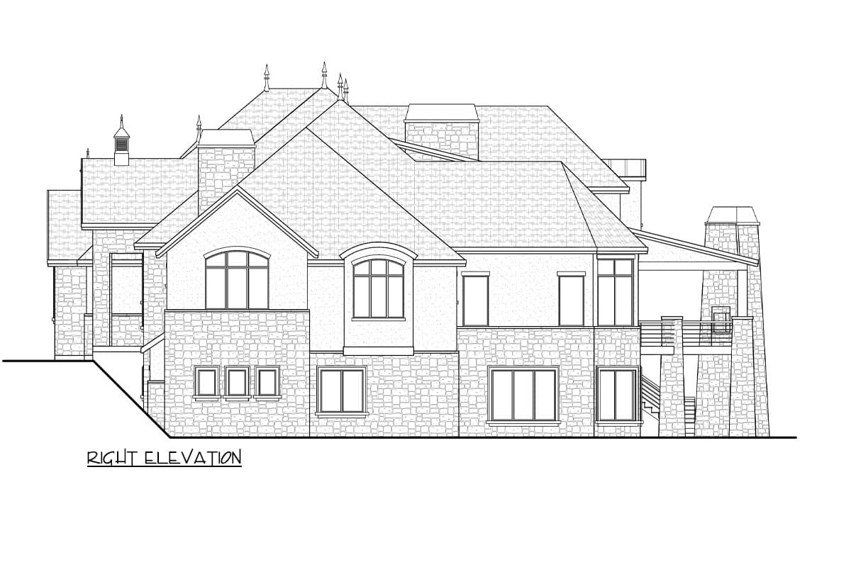 Right elevation house plan with stone exterior, multiple gables, dormer windows, and covered patio.