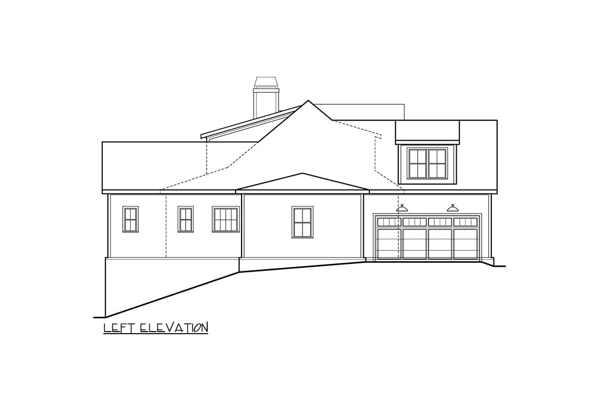 Left elevation house plan showing multiple gables, chimney, windows, and a segmented garage door.