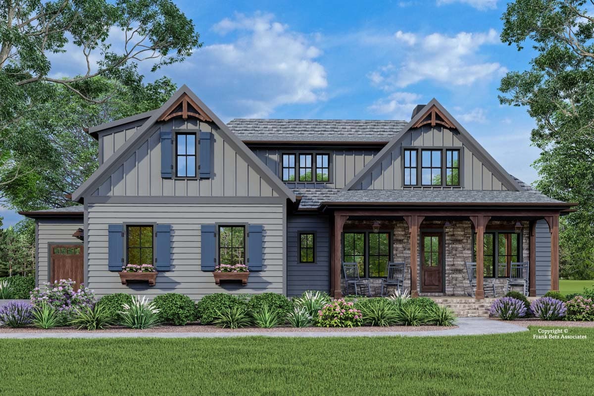 House plan exterior with Craftsman style, two stories, front porch with stone columns, multiple gables, and decorative dormers.
