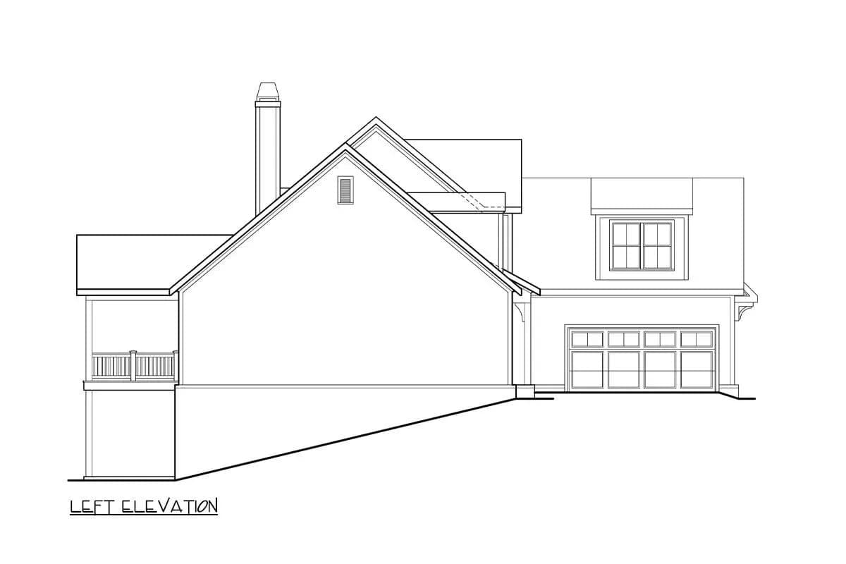 Left elevation house plan with covered porch, gabled rooflines, chimney, and two-car garage.