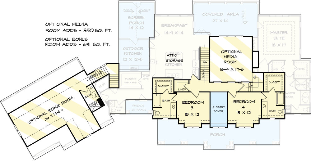 Plan 36045DK: 4-Bed Country Craftsman House Plan with Option for 6 Beds - Floor Plan - 2nd Floor - Farmhouse, Traditional