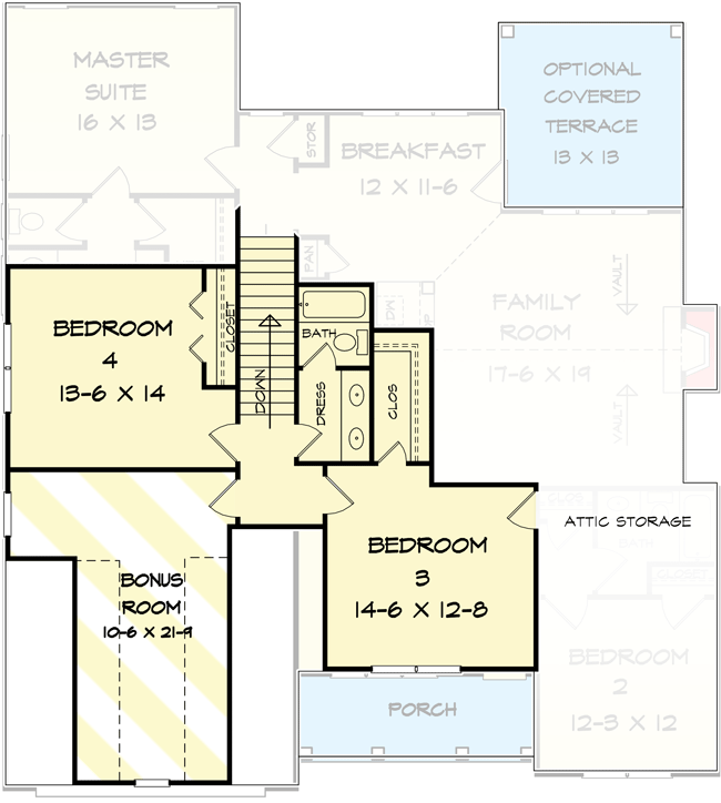 Plan 36047DK: Three Gabled House Plan with Four Bedrooms - 2367 Sq Ft - Floor Plan - 2nd Floor - New American, Traditional