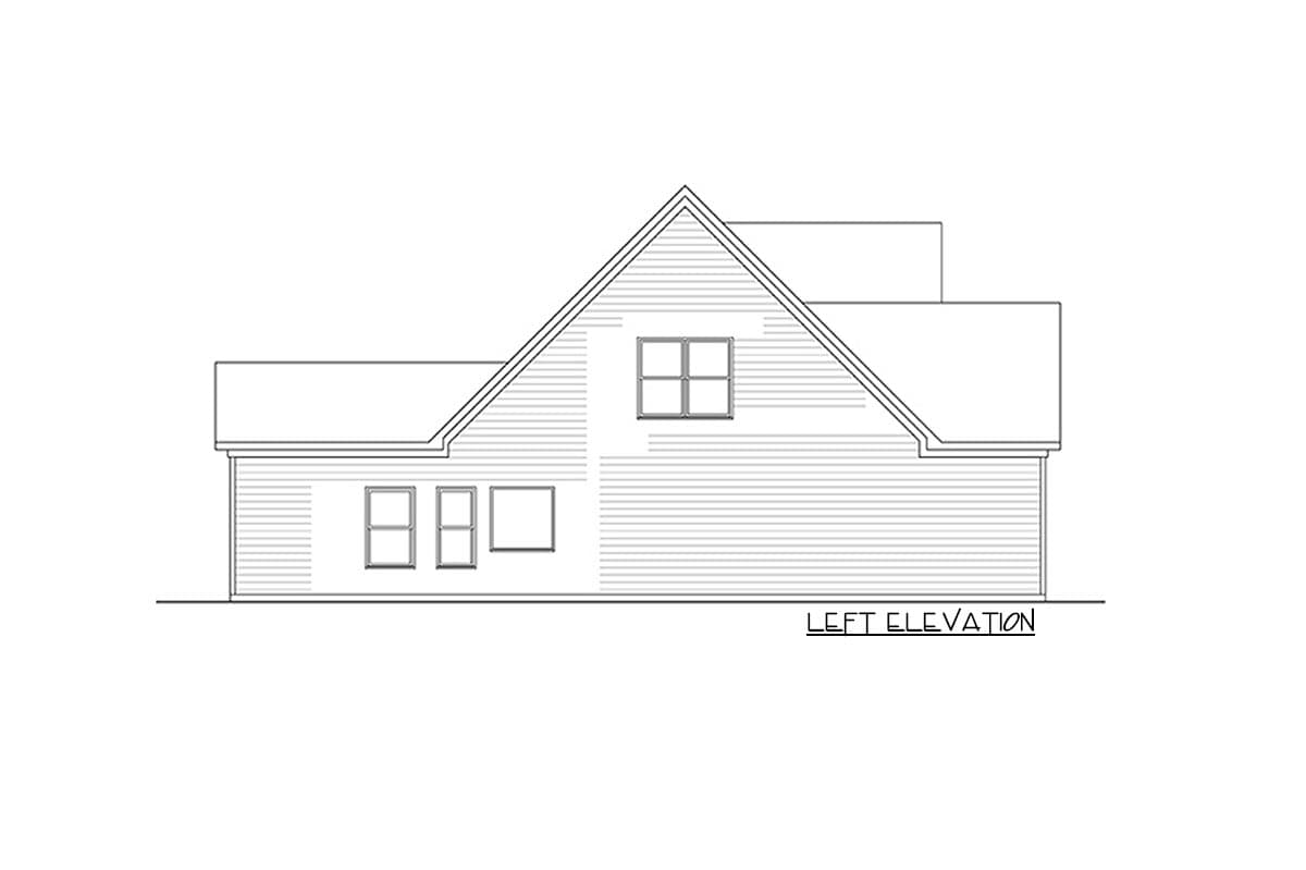 Left elevation drawing of a house plan showing horizontal siding, a gable roof, and a dormer with windows.