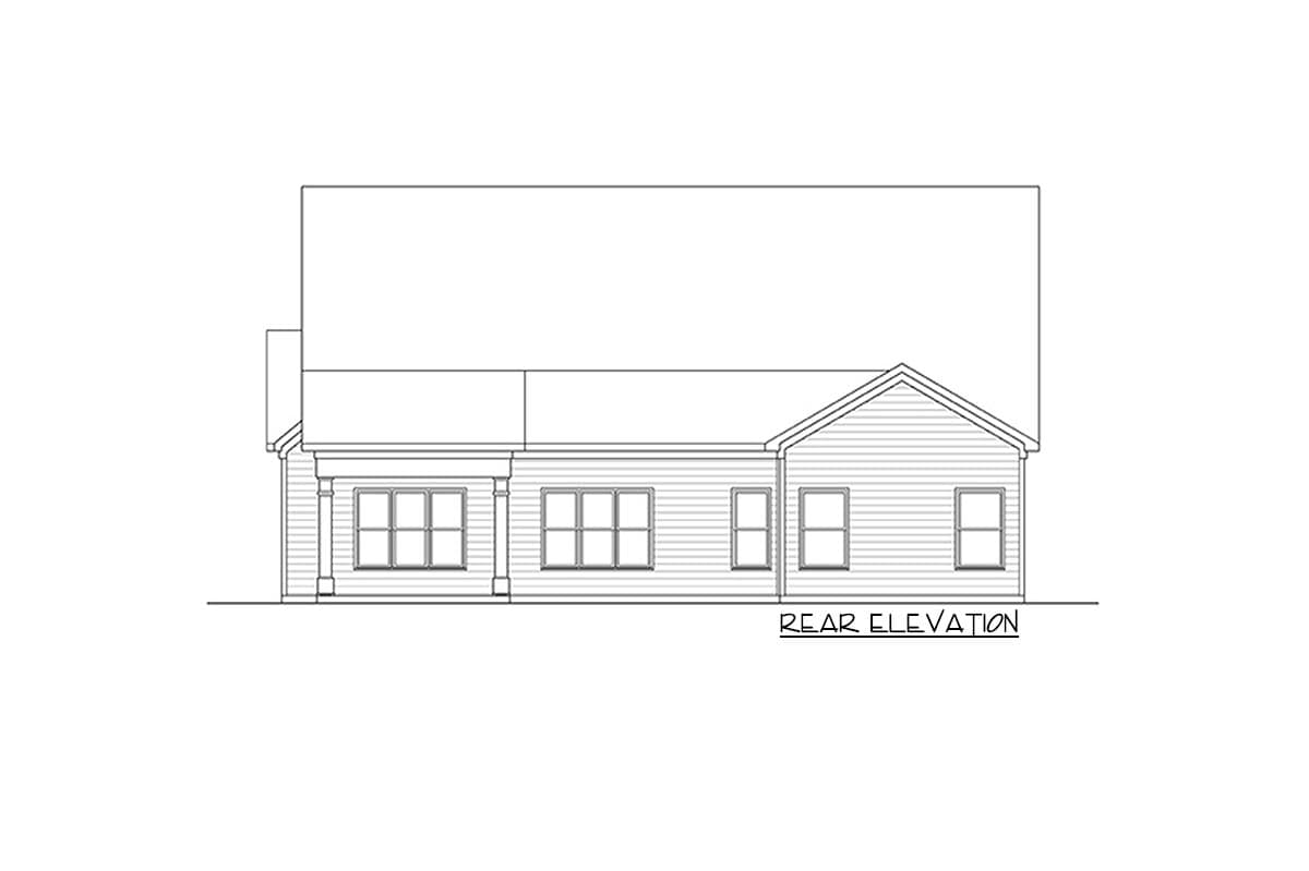 Rear elevation drawing of a one-story house plan with gabled roof, covered porch with columns, and multiple windows.