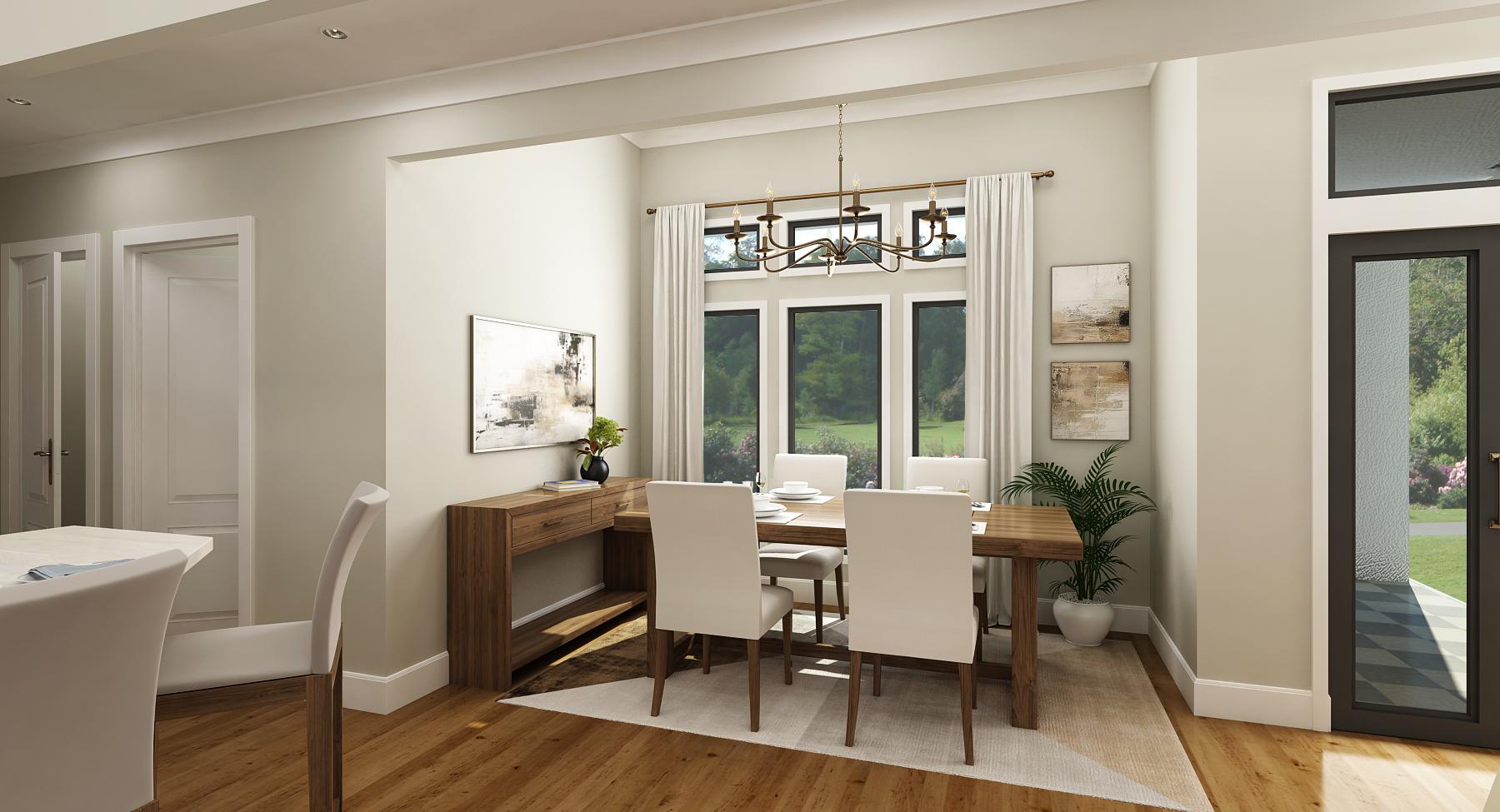Dining room with rectangular wooden table, upholstered chairs, modern chandelier, and large windows overlooking a garden. House plan rendering.