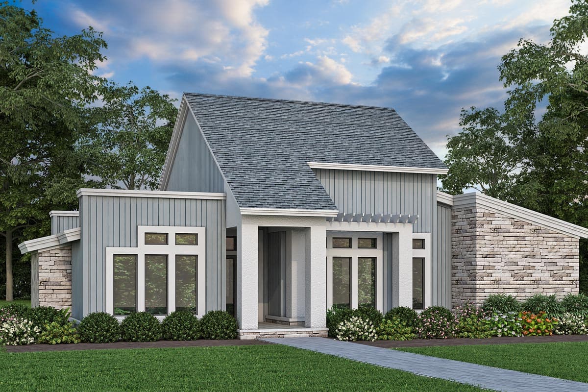 House plan exterior with modern style, one story, gabled roof, stone accents, and covered entry. Includes a pergola.