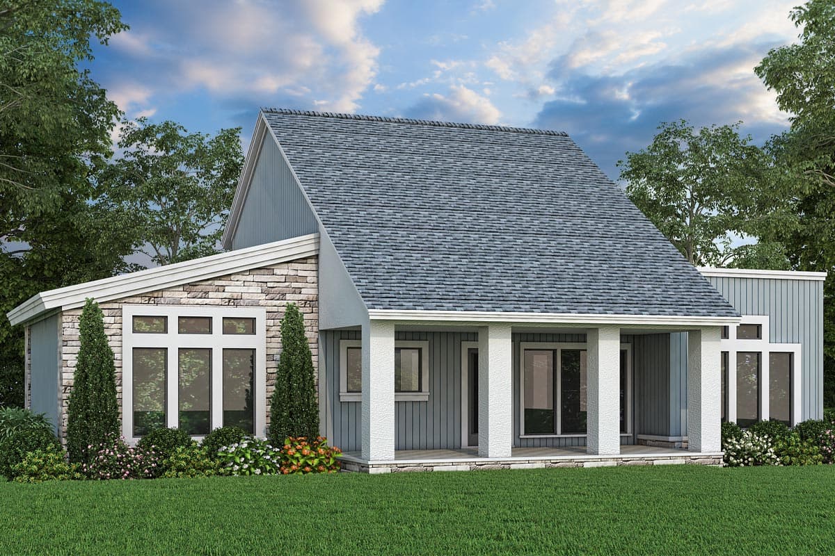 House plan exterior featuring stone and vertical siding, gabled roof, and covered porch with white columns.