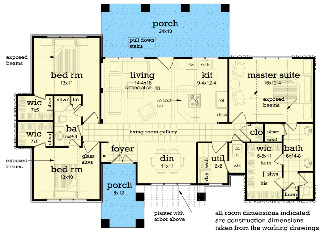Plan 55235BR: Transitional House Plan with Split Bedroom Layout - 1400 Sq Ft - Floor Plan - Main Level - Contemporary, Transitional