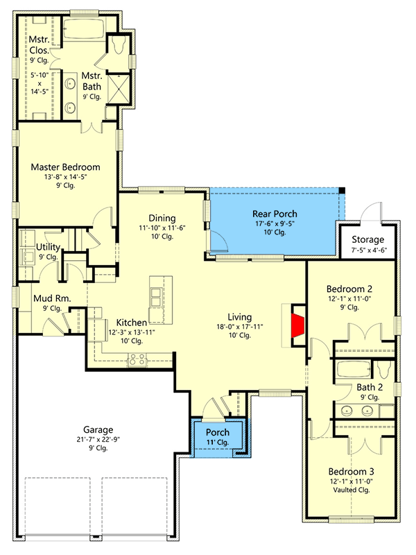 Plan 860078MCD: Acadian-Style House Plan with Split Bed Layout and 2-Car Garage - 1829 Sq Ft - Floor Plan - Main Level - Acadian, European, French Country, Southern