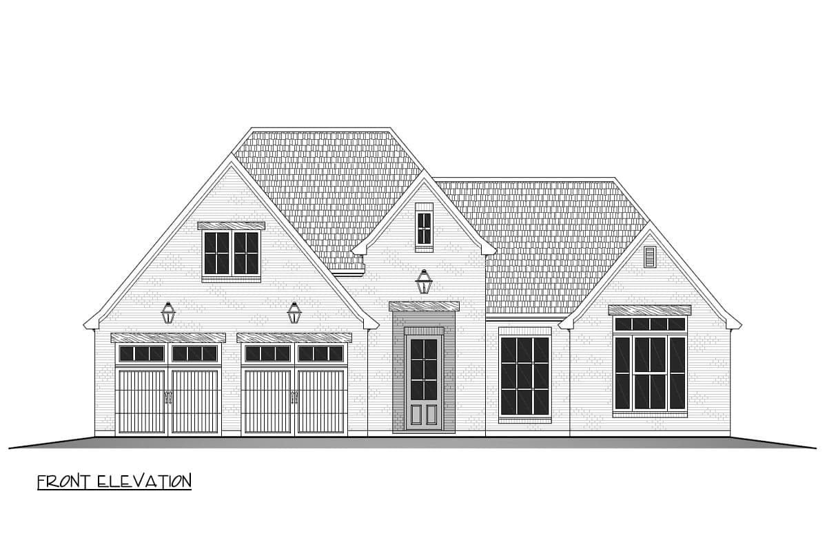Front elevation house plan shows a two-story home with a prominent gable, brick exterior, and a three-car garage.