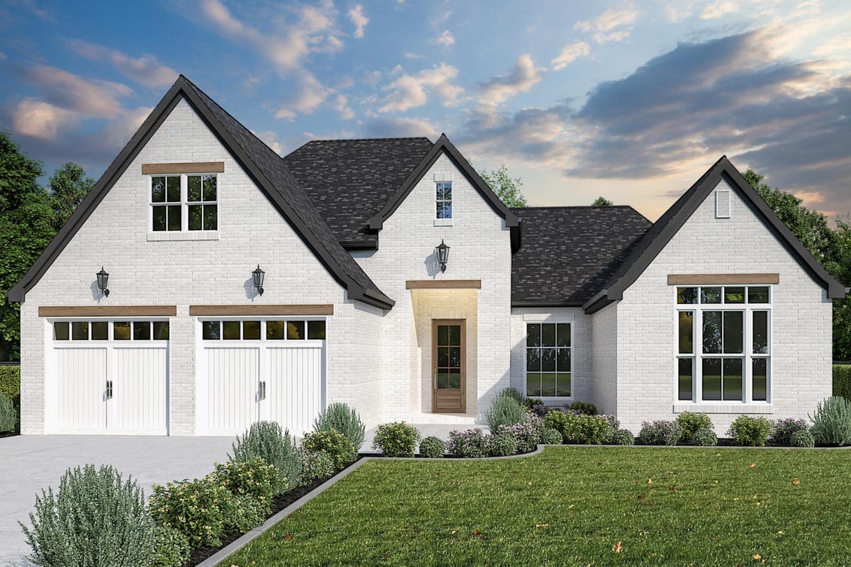 House plan exterior: Modern Farmhouse style, white brick, pitched gables, and a three-car garage with wood trim accents.
