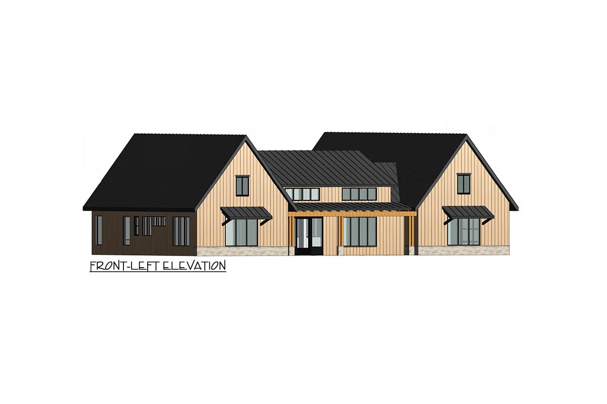 Front-left elevation drawing of a modern house with a metal roof, wood siding, and a covered entry.