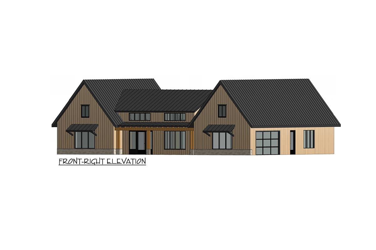 Front-right elevation of a two-story Modern Farmhouse plan with gabled roofs, covered entry, and attached garage.