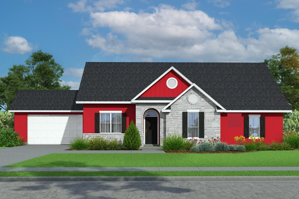 House plan exterior. Ranch style with a stone facade, gable roof, and attached garage. Includes round window accents and contrasting shutters.