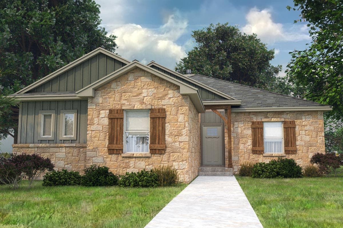 House plan exterior. Stone veneer ranch-style home with a gabled roof, wooden shutters, and a covered entry porch supported by exposed beams.