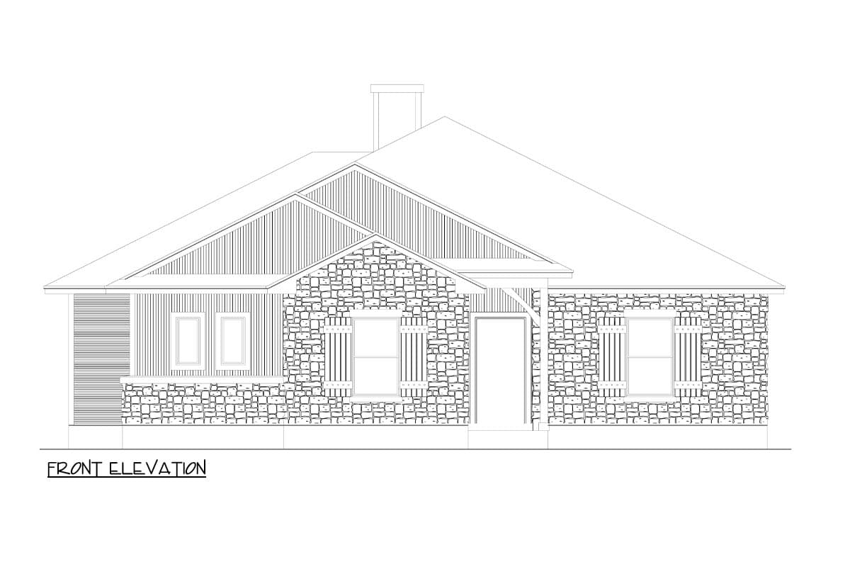 Front elevation drawing of a single-story house with stone facade, gabled roof, and covered entryway.