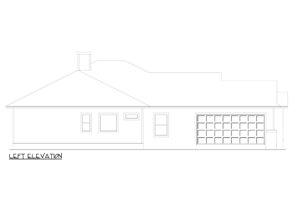 Left elevation drawing of a house plan showing a pitched roof, chimney, and multiple windows, including a large grid window.