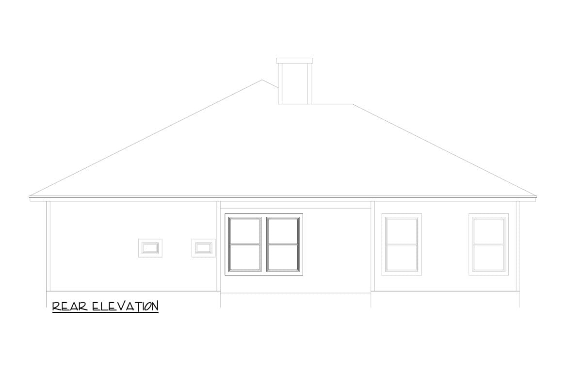 Rear elevation drawing of a house plan, featuring a hip roof, chimney, and four windows.
