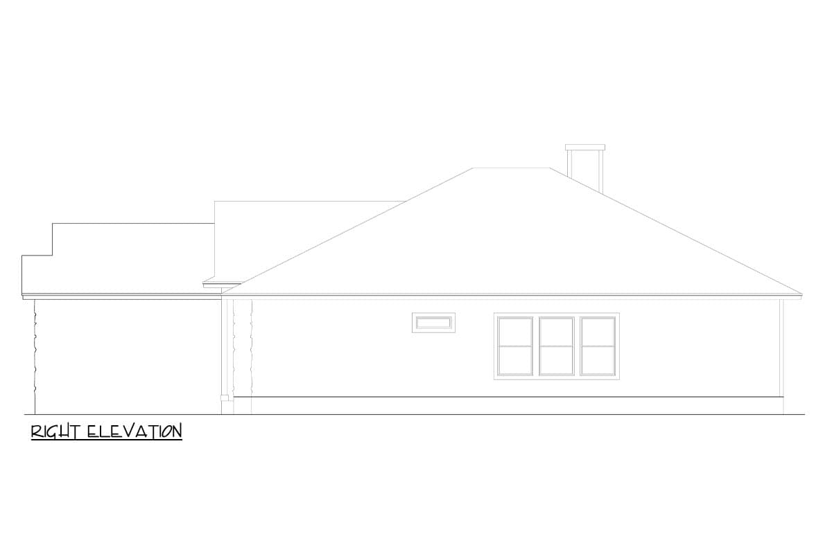Right elevation drawing of a house plan, showing a hip roof, chimney, and multiple windows.