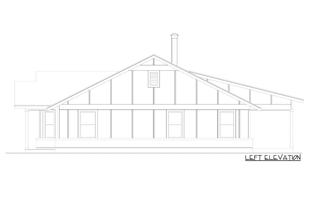 Left elevation drawing of a house plan featuring a prominent gable roof, shed roof dormer, and a covered porch with square columns.