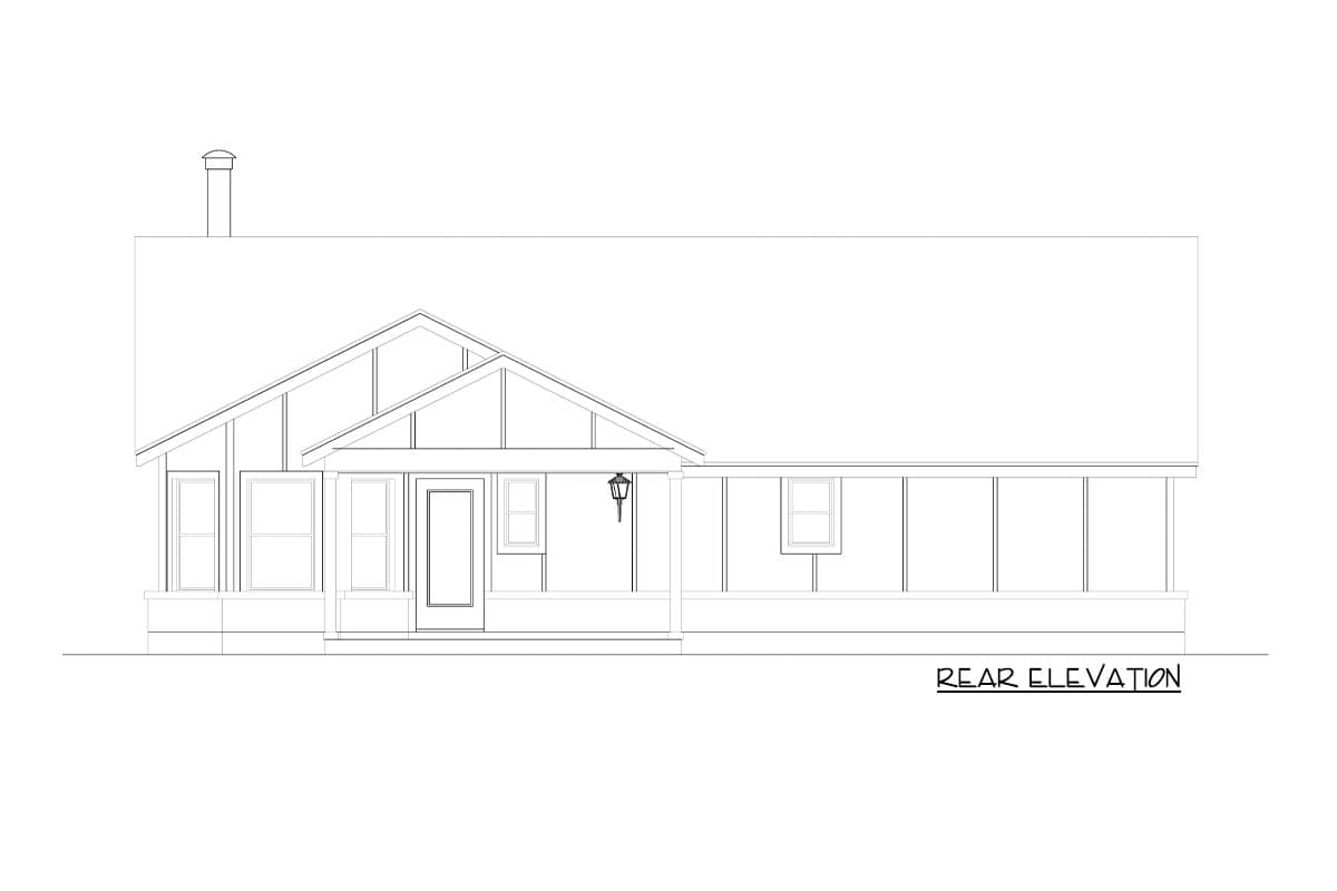 Rear elevation drawing of a house plan featuring a covered porch, gabled roof, and prominent chimney.