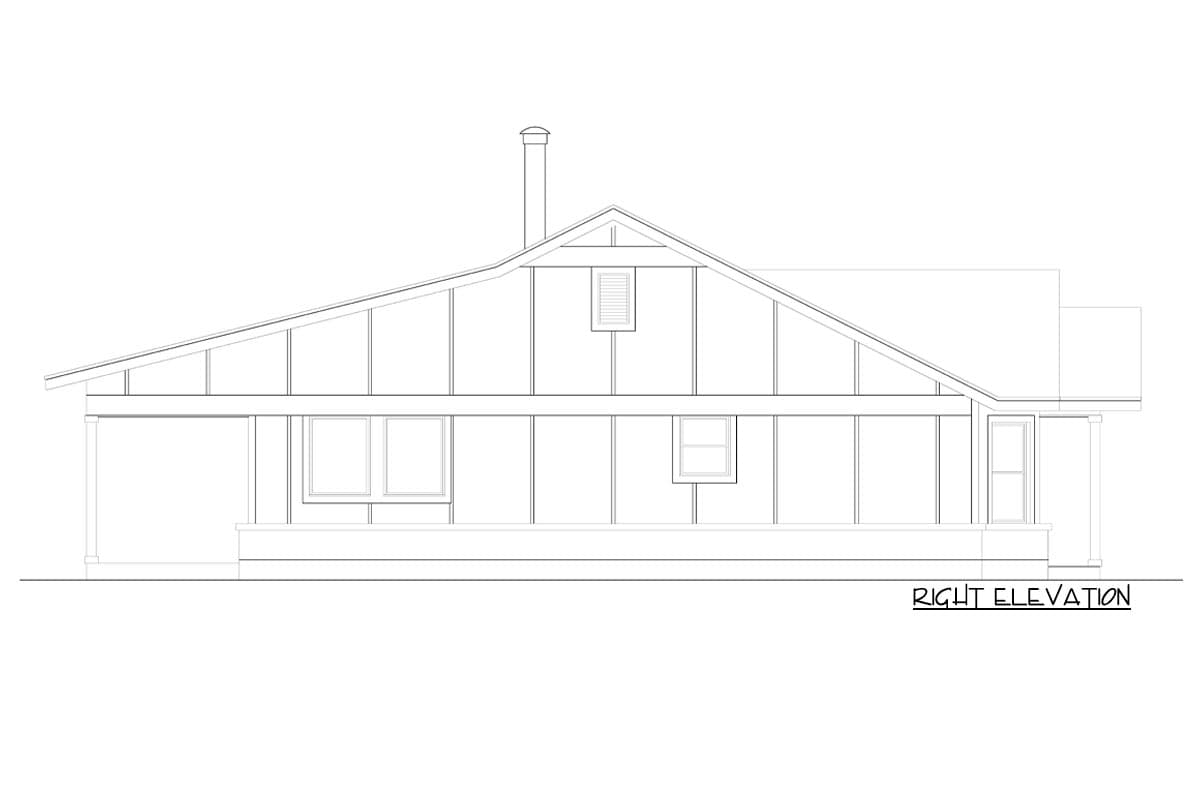 Right elevation drawing of a house plan with a sloped roof, large windows, and a chimney.