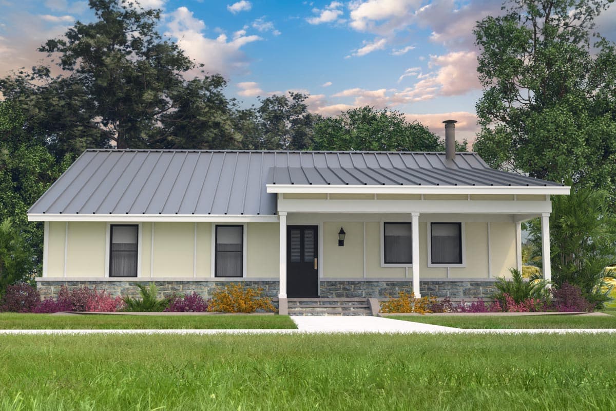 House plan exterior with metal roof, covered porch supported by columns, and stone accent on the lower facade. Features a simple gable roof.