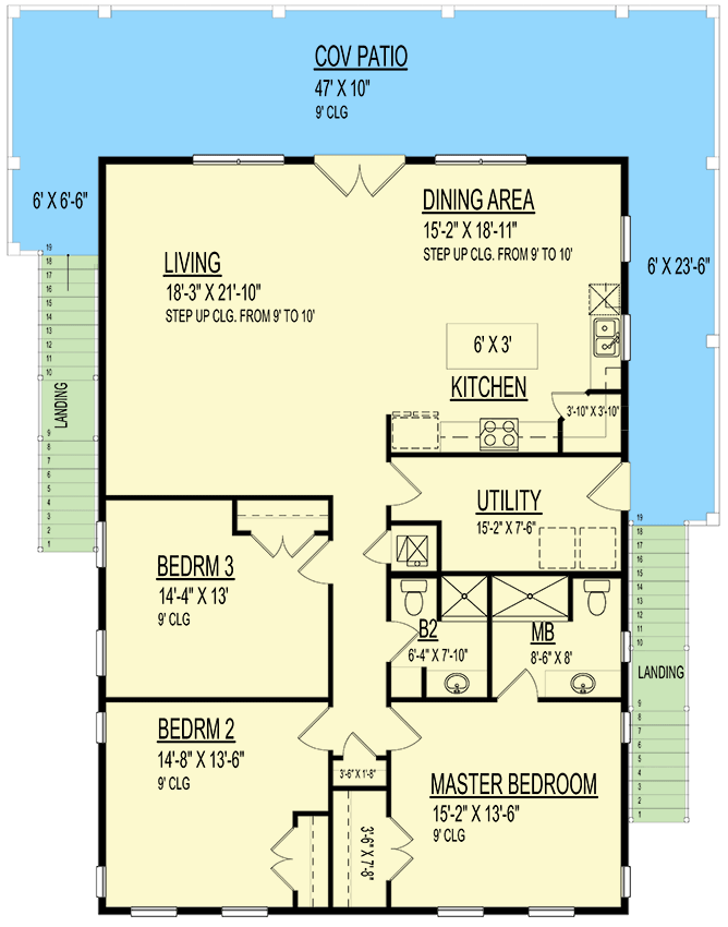 Plan 264069KMD: 3-Bed Coastal Beach House Plan with Walk Around Porch - 1750 Sq Ft - Floor Plan - Main Level - Beach, Coastal, Vacation