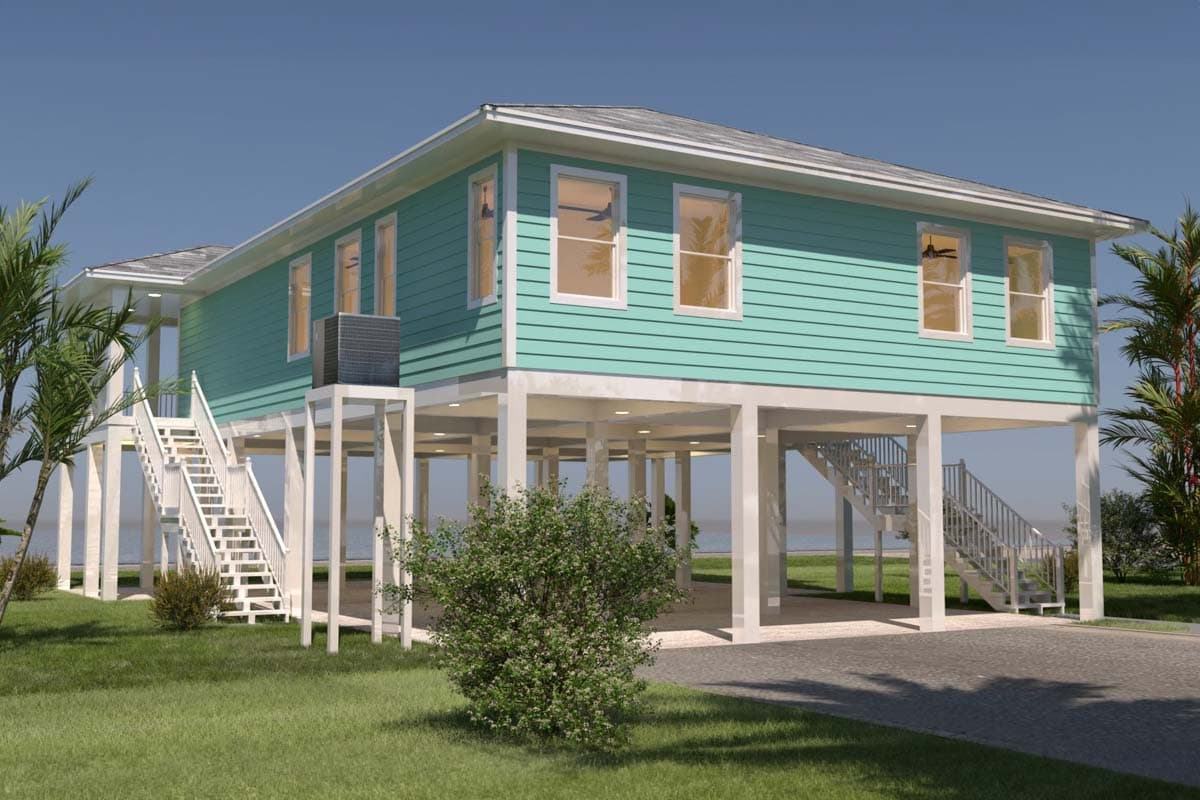 House plan exterior. Two-story elevated house with turquoise siding. Features include stairs to the entrance, a covered porch, and a hipped roof.