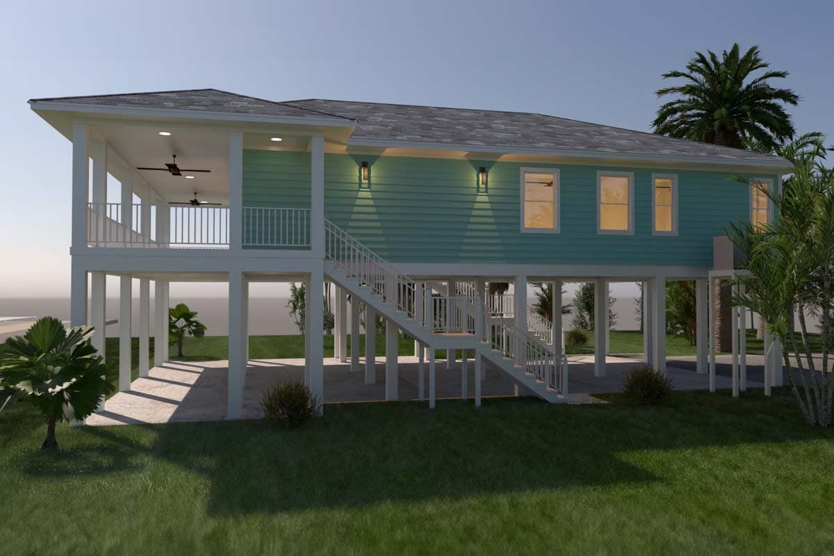 House plan exterior: Coastal style, one story, elevated on stilts, with a covered porch and double staircases.