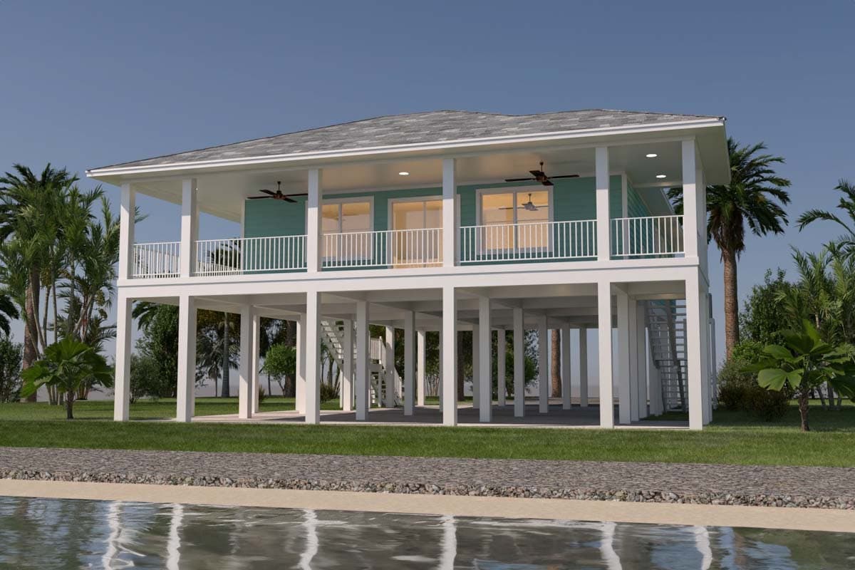 House plan exterior on stilts with wraparound porch, white railing, and two staircases.