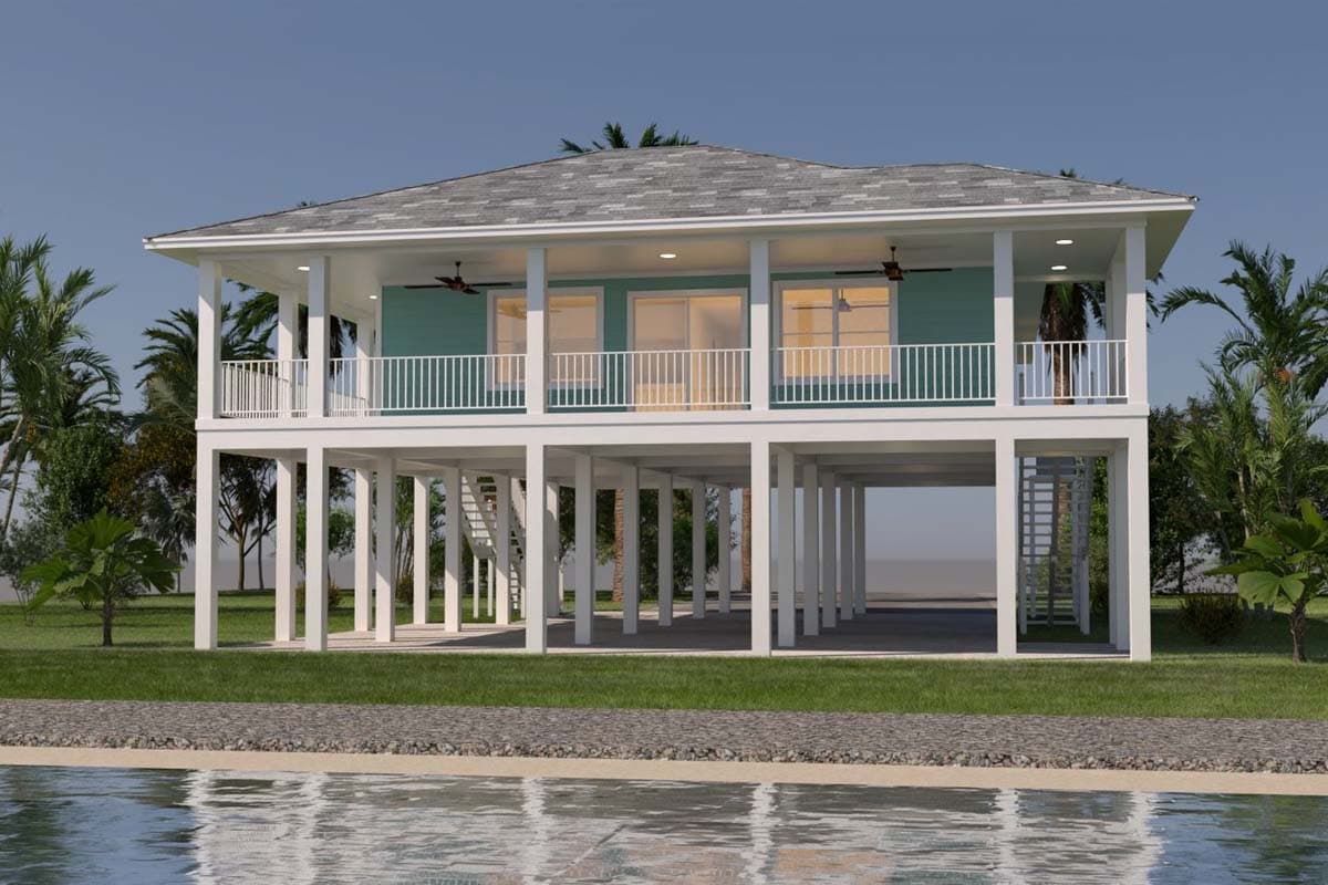 Plan 264069KMD: 3-Bed Coastal Beach House Plan with Walk Around Porch - 1750 Sq Ft - Image #4 - Beach, Coastal, Vacation