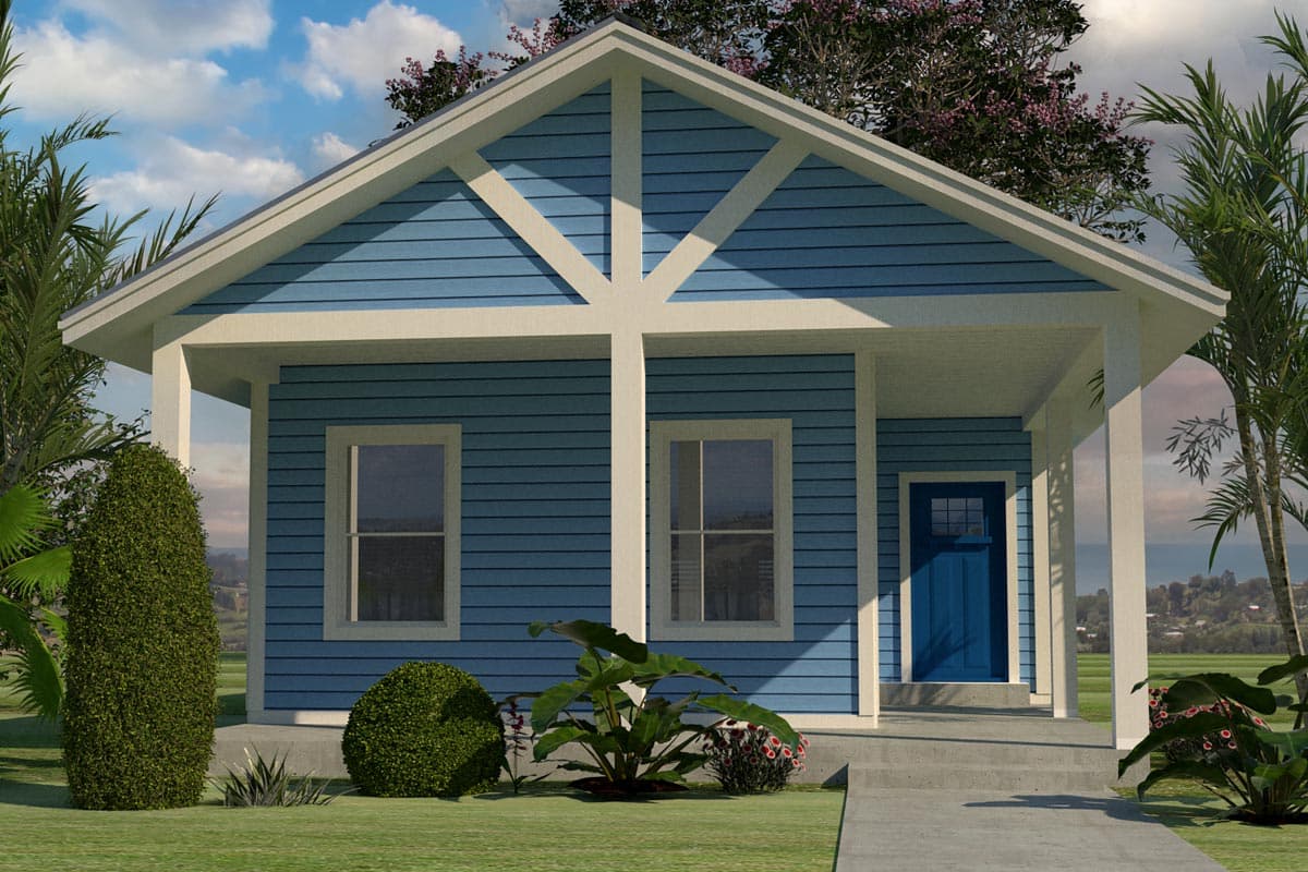 House plan exterior: one-story blue house with a covered porch, gabled roof with decorative bracing, and two windows.