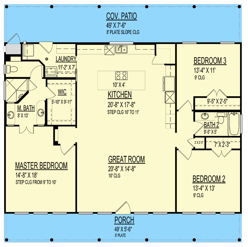 Plan 264071KMD: Modern Country Cabin with Split Bedroom Layout - 1800 Sq Ft - Floor Plan - Main Level - Cabin, Country, Traditional