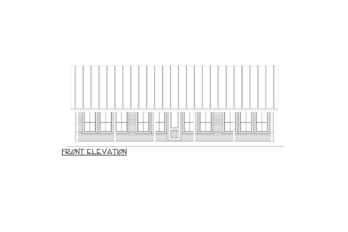 Front elevation drawing of a house plan with a full-width porch, many windows, and a standing seam metal roof.