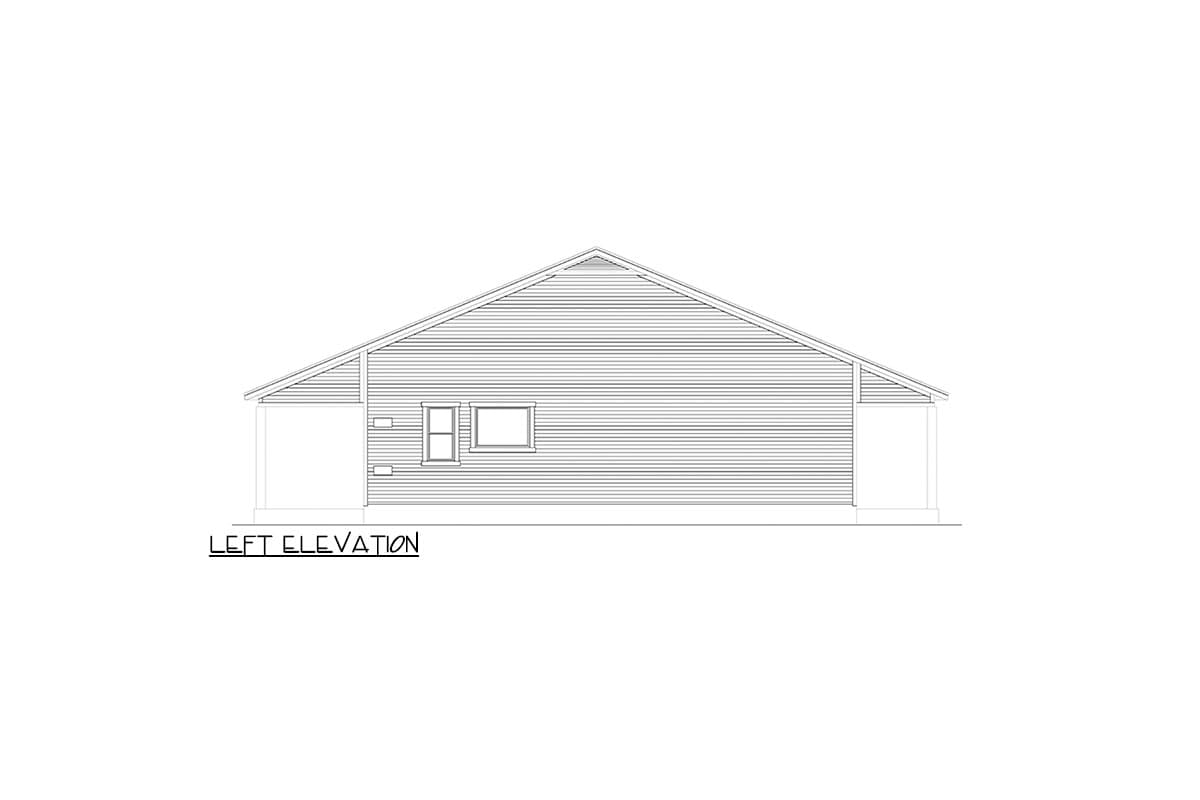 Left elevation drawing of a house plan with horizontal siding, gable roof, and a small covered porch on the left.
