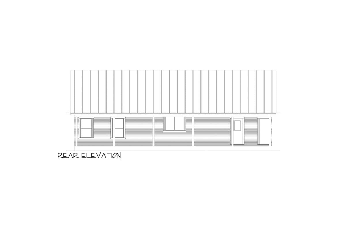 Rear elevation drawing of a house plan with horizontal siding, two windows, and one door.