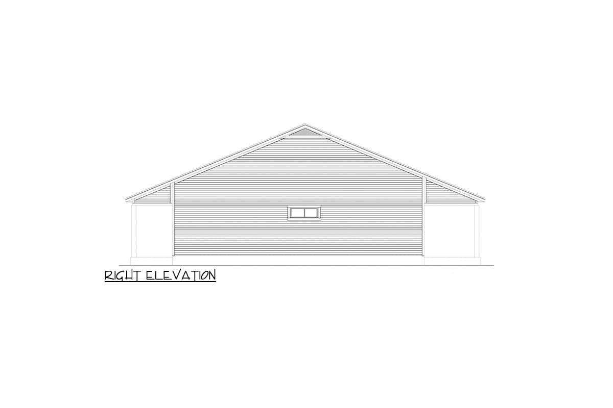 Right elevation drawing of a house plan with a gable roof, horizontal siding, and one small rectangular window.