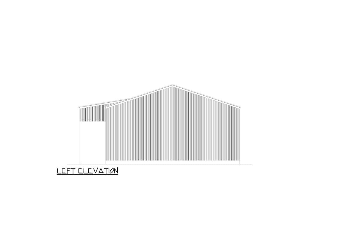 Left elevation drawing of a metal building with a pitched roof and a recessed entry.